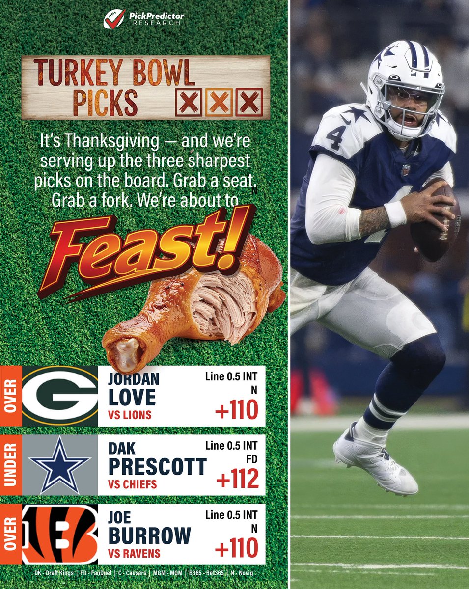 PickPredictor's tweet image. TURKEY BOWL PICKS 🦃

3 games. 3 props. Doesn’t get much better than this.

Have a great Thanksgiving and let’s feast!!!

RT / LIKE / COMMENT !

w/ help from @propsdotcash 

#NFL #interception #GamblingX #NFLPicks #PlayerProps #Thanksgiving #TurkeyBowl