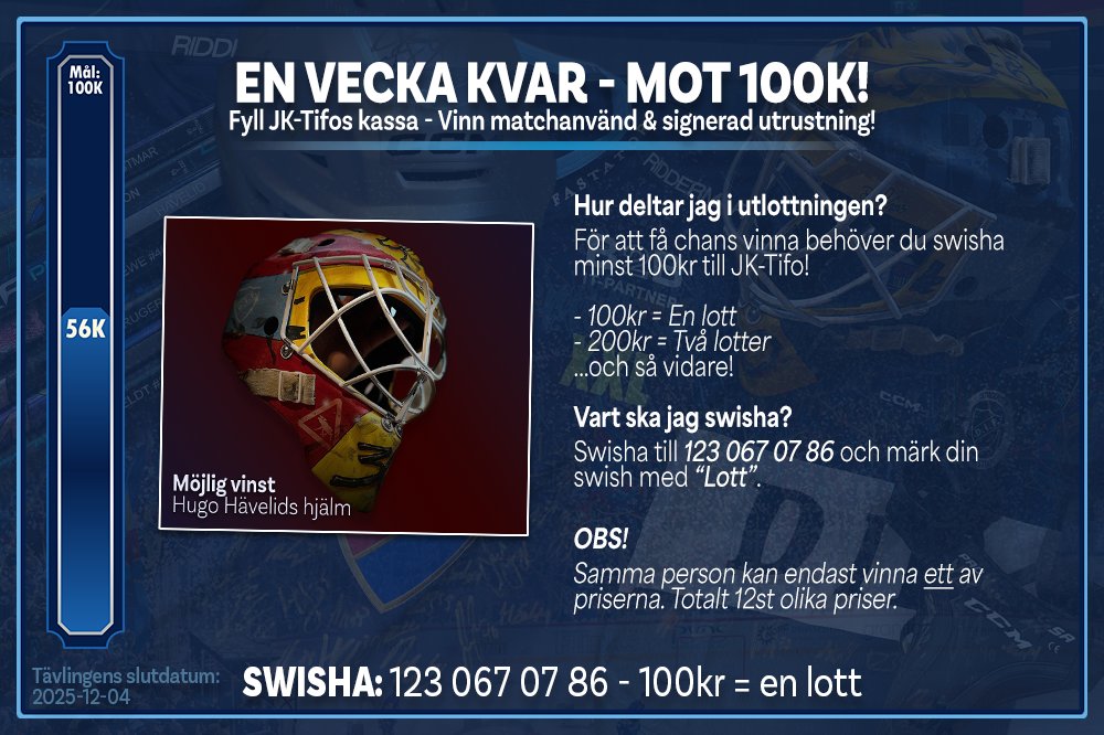 Missa inte chansen att vinna fina priser från några av spelarna i DIF Hockey! I vinstpotten finns bland annat Hugo Hävelids hjälm, Jacob Josefsons susp och mycket annat! 

Swisha minst 100 kronor till 123 067 07 86 för att delta!

Tävlingen avslutas 4:e december kl 23:59!
