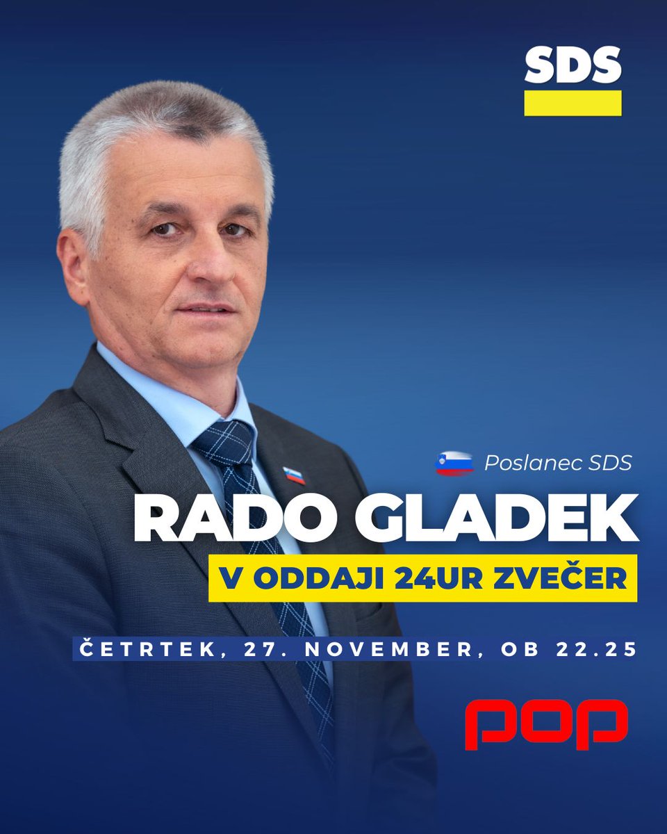 PS_SDS's tweet image. 📺 Nocoj v 24UR ZVEČER!

Ob 22.25 bo v gost poslanec @Rado_Gladek 

Tema pogovora:
Predlog zakona o ureditvi dvojnega statusa upokojencev (ZPIZ-2) – hkratno delo in prejemanje polne starostne pokojnine.

👇 Ne zamudite!
#SDS #ZPIZ2 #DvojniStatus #24URZvečer #RadoGladek