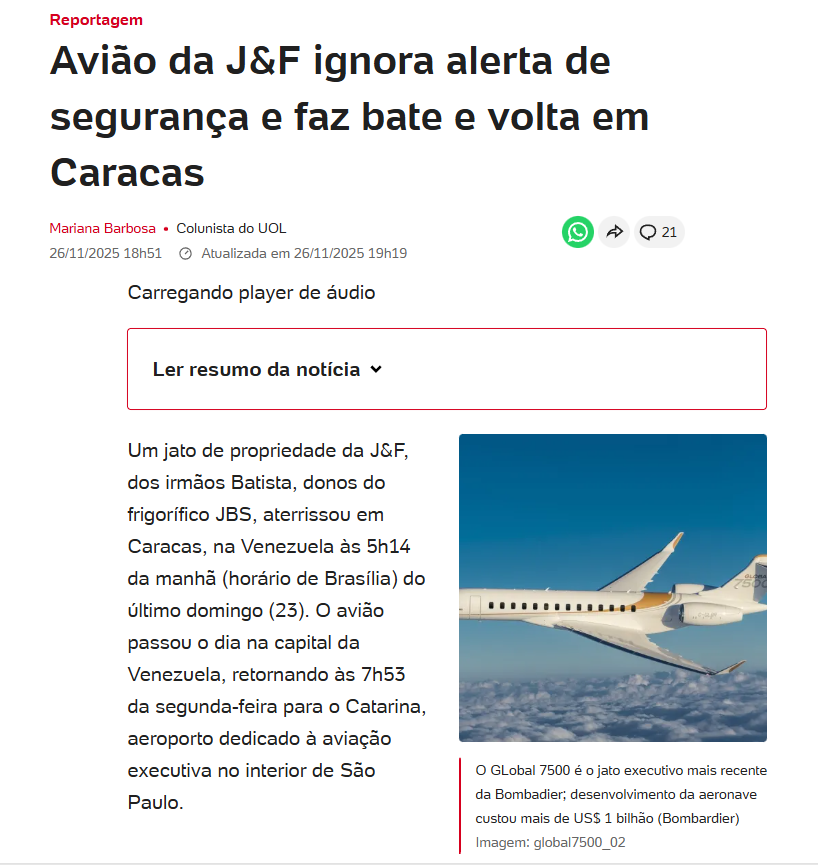 TheIncorrupt_'s tweet image. O que a aeronave da J&amp;amp;F dos irmãos Batista foi fazer num 'bate e volta' em Caracas (Venezuela), ignorando protocolos internacionais de segurança aérea?