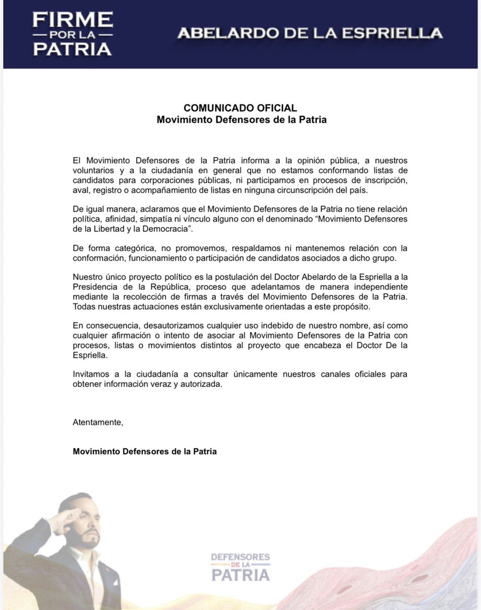 Aclaramos que no estamos conformando listas, ni participando en inscripciones, avales o acompañamiento de candidatos en ningún lugar del país.

Nuestro único propósito es la postulación del <a href="/ABDELAESPRIELLA/">Abelardo De La Espriella</a> a la Presidencia, de manera independiente y transparente.

Cualquier