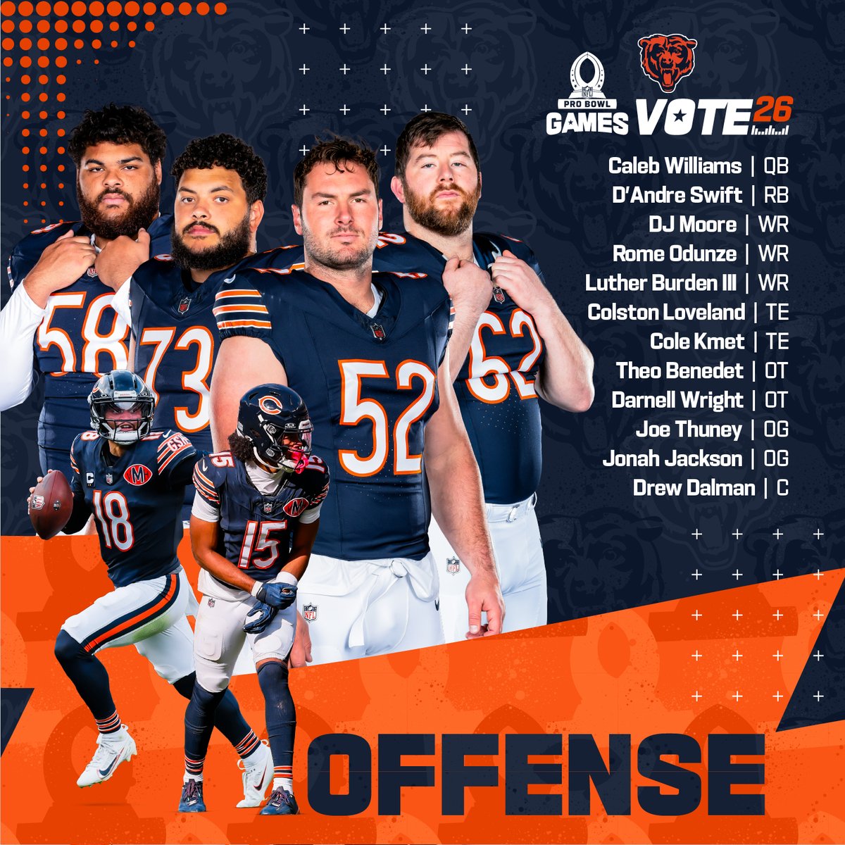 It's that time of year again!

RT to #ProBowlVote the offense: 
<a href="/CALEBcsw/">Caleb Williams</a> <a href="/DAndreSwift/">D’Andre Swift</a> <a href="/idjmoore/">DJ Moore</a> <a href="/RomeOdunze/">Rome Odunze</a> <a href="/lutherburden3/">LB3</a> <a href="/colstonlovelan1/">Colston Loveland</a> <a href="/ColeKmet/">Cole Kmet</a> <a href="/theobenedet71/">Theo Benedet</a> <a href="/darnellwright/">Darnell Wright</a> <a href="/JosephThuney/">Joseph Thuney</a> <a href="/jonahjackson73/">Jonah Jackson</a> Drew Dalman