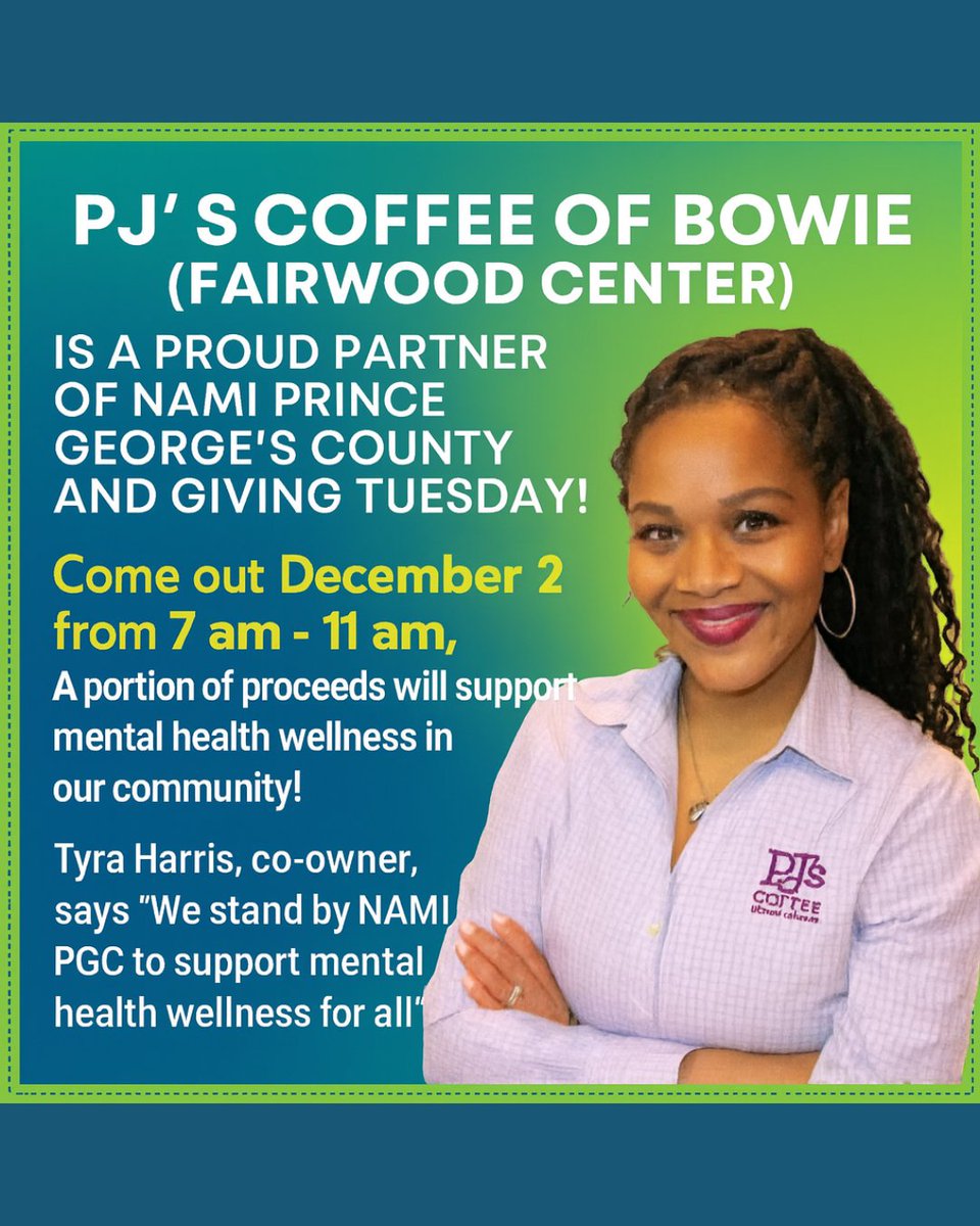 NAMI_PGC's tweet image. Coffee + community + compassion. In 5 days, PJ’s Coffee of Bowie will be brewing for a cause! Join us Dec 2, 7–11am to support @NAMIPGC. ☕️
#SupportLocal #MentalHealthForAll #BowieMD