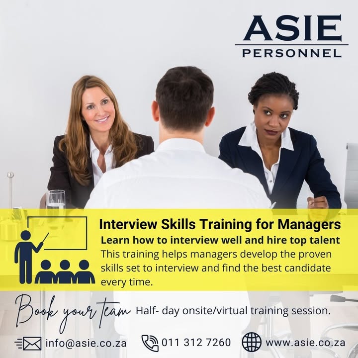 AsiePersonnel's tweet image. #InterviewTraining: Attention all Managers, upskill yourself to become an expert at interviews. 

Get in touch for more information/to book your team.
E: info@asie.co.za | W: asie.co.za | T: 011 312 7260

#asiepersonnel #interviewskillstraining #managementtraining