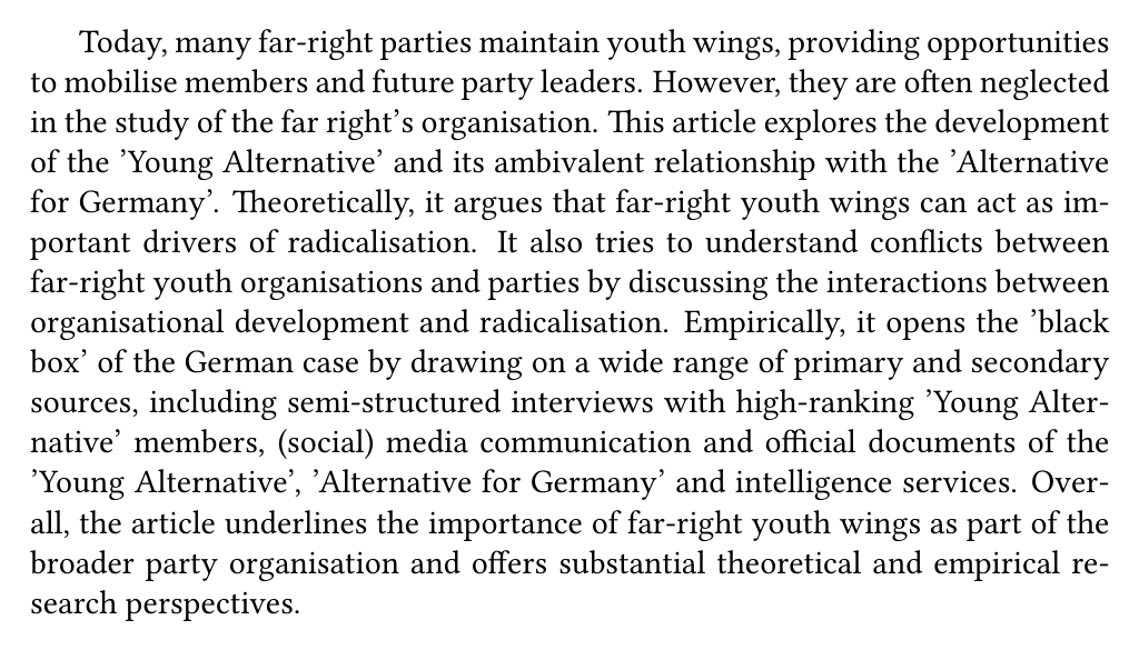 RRResRobot's tweet image. populism: A. Heinze. “Drivers of Radicalisation? The Development and Role of The Far-Right Youth Organisation &apos;Young Alternative&apos; in Germany”. In: International Political Science Review (2024). dx.doi.org/10.1177/019251….
