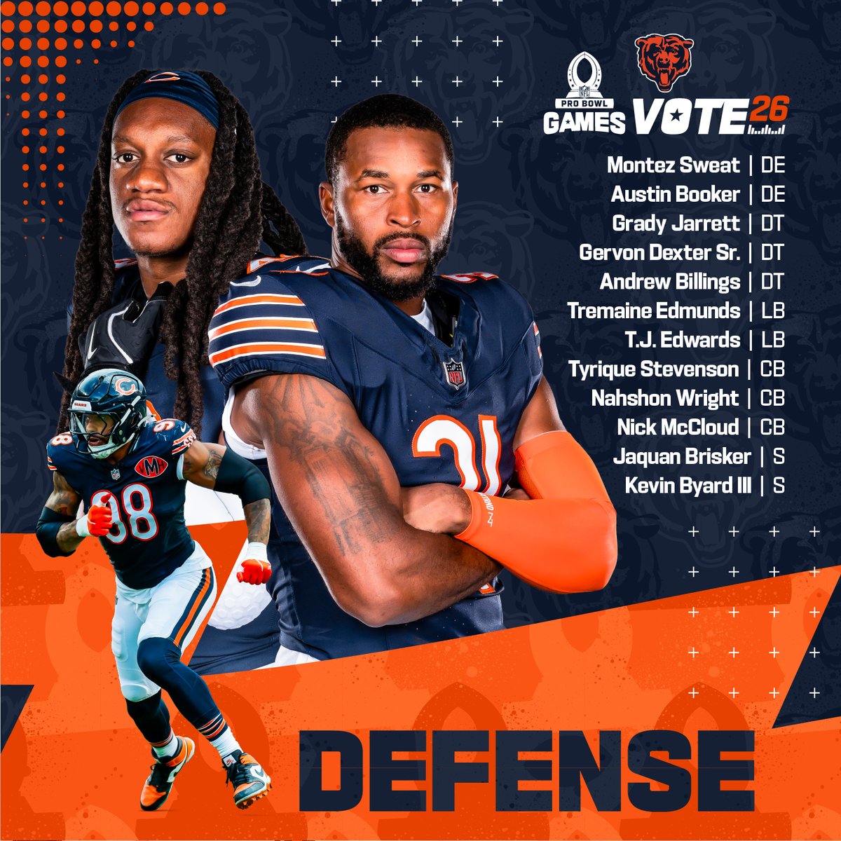 1️⃣ RT = 1️⃣ #ProBowlVote for the defense

<a href="/_sweat9/">Montez Sweat</a> <a href="/austinbookerr/">austin booker</a> <a href="/GradyJarrett/">Grady Jarrett</a> <a href="/GervonDexter/">Gervon Dexter SR</a> <a href="/BillingsAndrew/">Andrew Billings</a> <a href="/maine_savage23/">Tremaine Edmunds</a> <a href="/TJEdwards8/">T.J. Edwards</a> <a href="/dreamchaserTy10/">Tyrique Stevenson</a> <a href="/nahwrig/">Nahshon Wright</a> <a href="/NickMcCloud4_/">Nick McCloud</a> <a href="/JaquanBrisker/">Quanny B.</a> <a href="/KevinByard/">Kevin Byard</a>