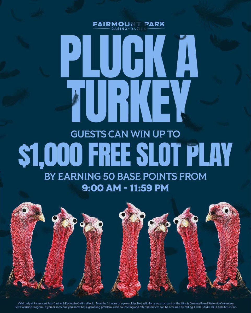 FairmountPk's tweet image. Spin, pick, win! 🍂🎉
Earn 50 points, select your Turkey tile at a kiosk, and reveal a prize that could hit up to $1,000 in Free Slot Play.

#FairmountCasino #FallFun #CasinoRewards
