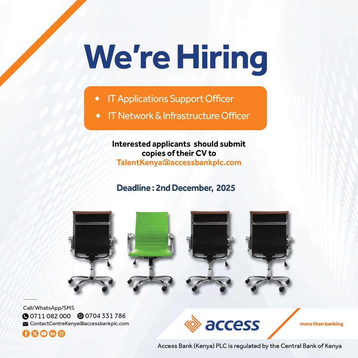 Looking to take your IT career to the next level? 

We are looking for passionate and innovative professionals to join our IT team in the following positions: 
1. IT Applications Support Officer 
2. IT Network &amp; Infrastructure Officer 

Interested candidates are encouraged to