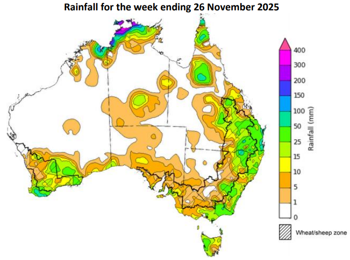 mkt_intl's tweet image. 🇦🇺 #Australia –🌧️QLD &amp;amp; N-NSW: Recent rain boosted soil moisture &amp;amp; summer crop planting, but disrupted winter harvest.
🌾SA, VIC &amp;amp; WA: Light rain brought little benefit; harvest continues with mixed conditions.
#pulses #lentil #chickpeas #peas #canola #durum #barley
