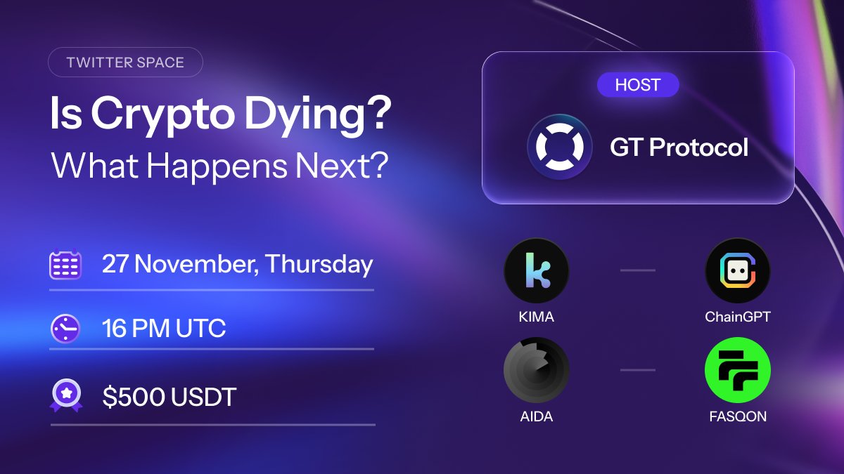 GT_Protocol's tweet image. 🚨 1 Hour Left! 🚨

We’re going live soon with Is Crypto Dying? What Happens Next? 

Big names. Real talk. Zero sugarcoating. You don’t wanna miss this one.

🎤 Speakers: @GT_Protocol | @Chain_GPT  | @aidappcom | @KimaNetwork | @fasqon

🗓 Date: 27 November
⏰ Time: 16:00 PM UTC…