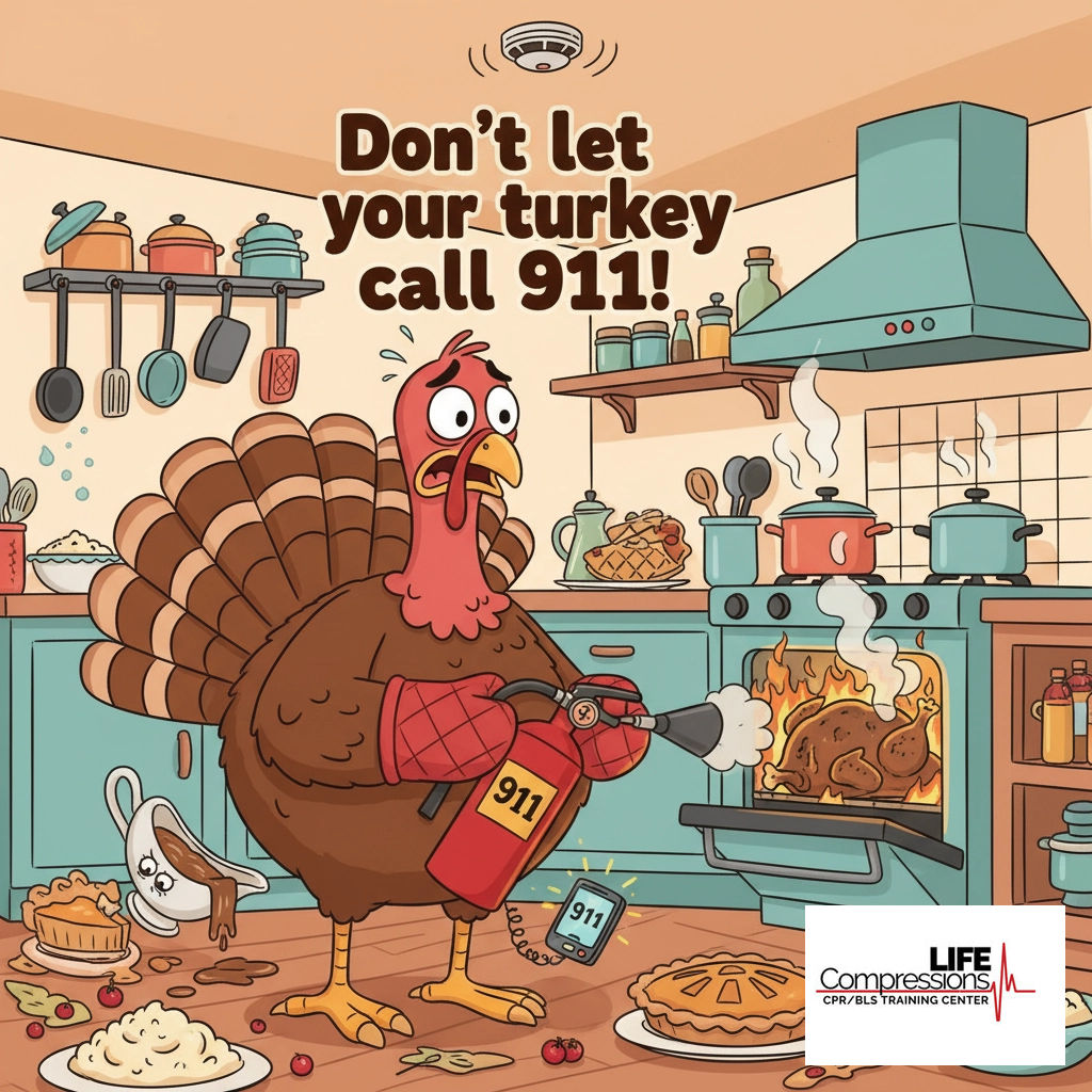 LifeCompression's tweet image. Nothing says Thanksgiving like a turkey with oven mitts and a fire extinguisher! Don't let kitchen chaos turn into a 911 call: keep safety on the menu. Happy Thanksgiving! 🦃🔥 #KitchenSafety #ThanksgivingFails #CPRReady #TurkeyDay