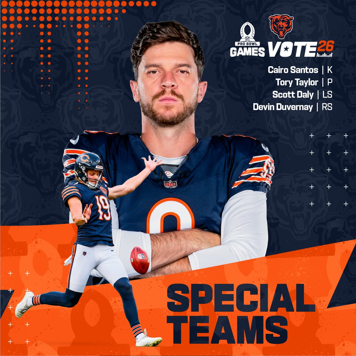Hit that 🔁 to #ProBowlVote our guys on special teams

<a href="/cairosantos19/">Cairo Santos</a> Tory Taylor <a href="/sdaly61/">Scott Daly</a> <a href="/Dev_Duv5/">Devin Duvernay</a>