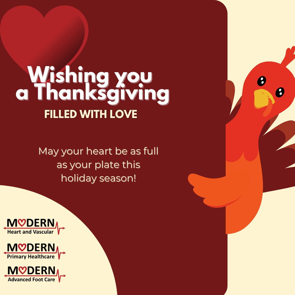 ModernHVI's tweet photo. Wishing you a happy and healthy Thanksgiving!

We’re grateful for our patients and the trust you place in our team every day.
Enjoy this season with those you love — and take care of your health this holiday weekend.

From the Modern brands ❤️ https://t.co/XCnN7PV5Fq