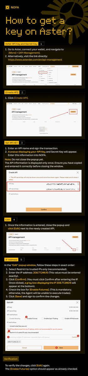 How to get your Aster API Key &amp; Secret? Quick steps:

• Open <a href="/Aster_DEX/">Aster</a> and connect your wallet → More → API Management(or asterdex.com/en/api-managem…)

• Create API → name &amp; sign → copy Key + Secret (one‑time popup)

• In Aster Edit: restrict to trusted IPs → add
