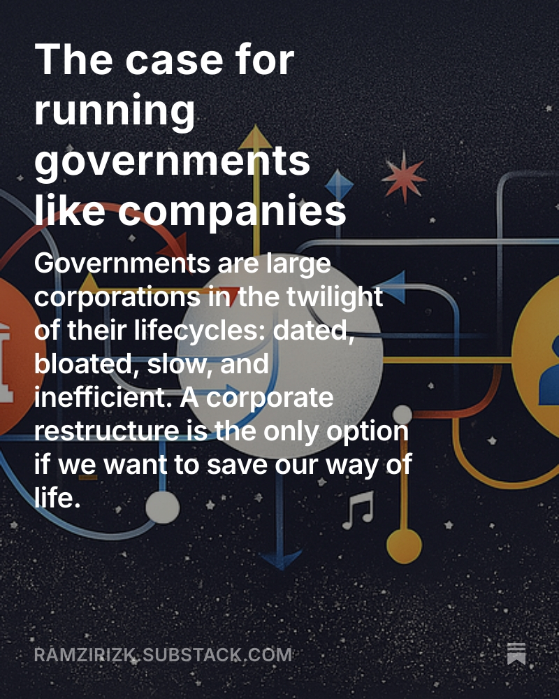 Some thoughts on why governments are fundamentally flawed, what their true purpose is, why the system no longer works, and how I believe we can get back on the right track. 

 Hopefully this inspire some, trigger others, and lead to interesting convos! 
open.substack.com/pub/ramzirizk/…