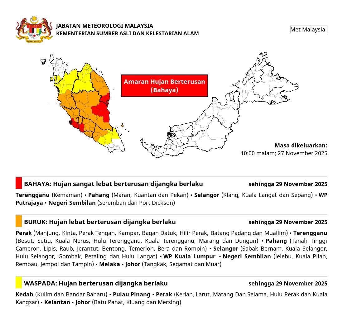 AMARAN HUJAN BERTERUSAN (BAHAYA) 

• Terengganu (Kemaman) 

• Pahang (Maran, Kuantan dan Pekan) 

• Selangor (Klang, Kuala Langat dan Sepang) 

• WP Putrajaya 

• Negeri Sembilan (Seremban dan Port Dickson) 

 ( 10 malam ini sehingga Sabtu, 29 November 2025 )