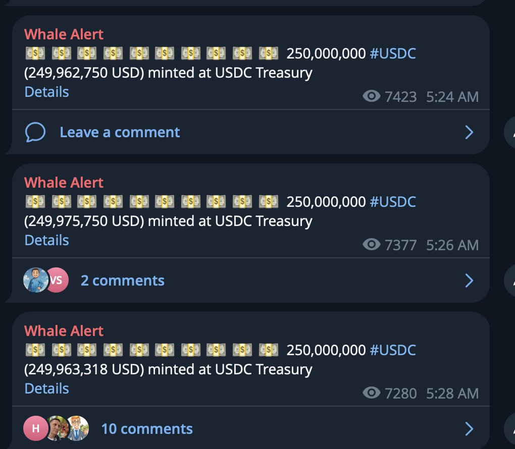 Screenshots of Whale Alert notifications for USDC mints on Solana