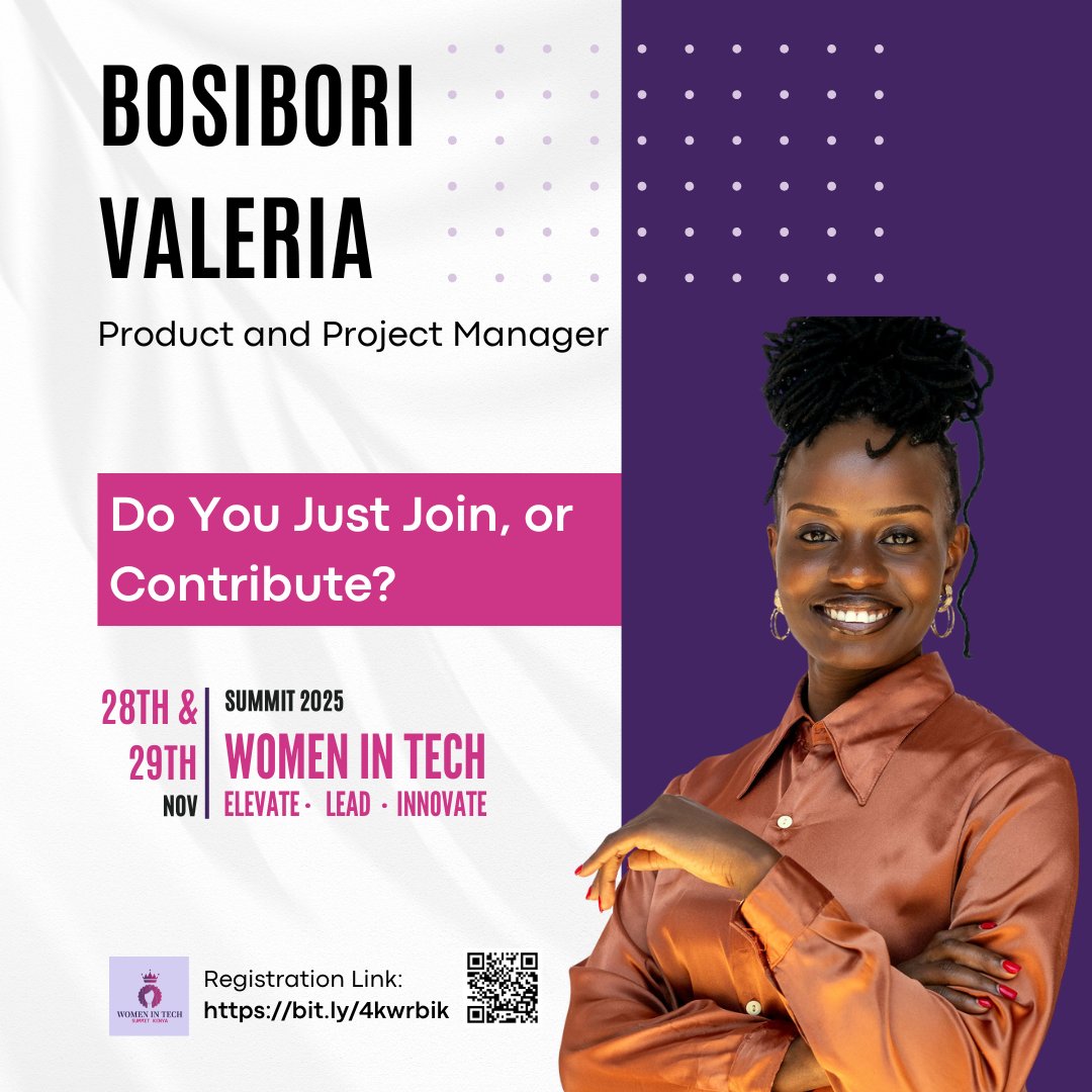 TechSistersKE's tweet image. MAKE NOISE! TSK 📣 Co-Founder Valeria Bosibori is on stage at #WITSummitKE2025 tomorrow.

The topic: &quot;Do You Just Join, or Contribute?&quot;

Sisterhood is action. Catch her powerful session at 1:15 PM!

#TechSisters #TSKonStage #WomenInTechKE #ElevateLeadInnovate