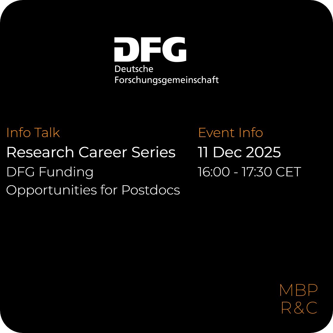 MBPRnC's tweet image. 📢PhD candidates &amp;amp; postdocs—the #DFG offers online info talks about funding instruments, proposal tips &amp;amp; Q&amp;amp;A to help you with your proposals
📅11 Dec 2025⏰16:00–17:30 CET
🏷️Tag a PhD candidate or postdoc who should join 
#ResearchFunding
#Postdocs
#Webinar
@ImMatthewP