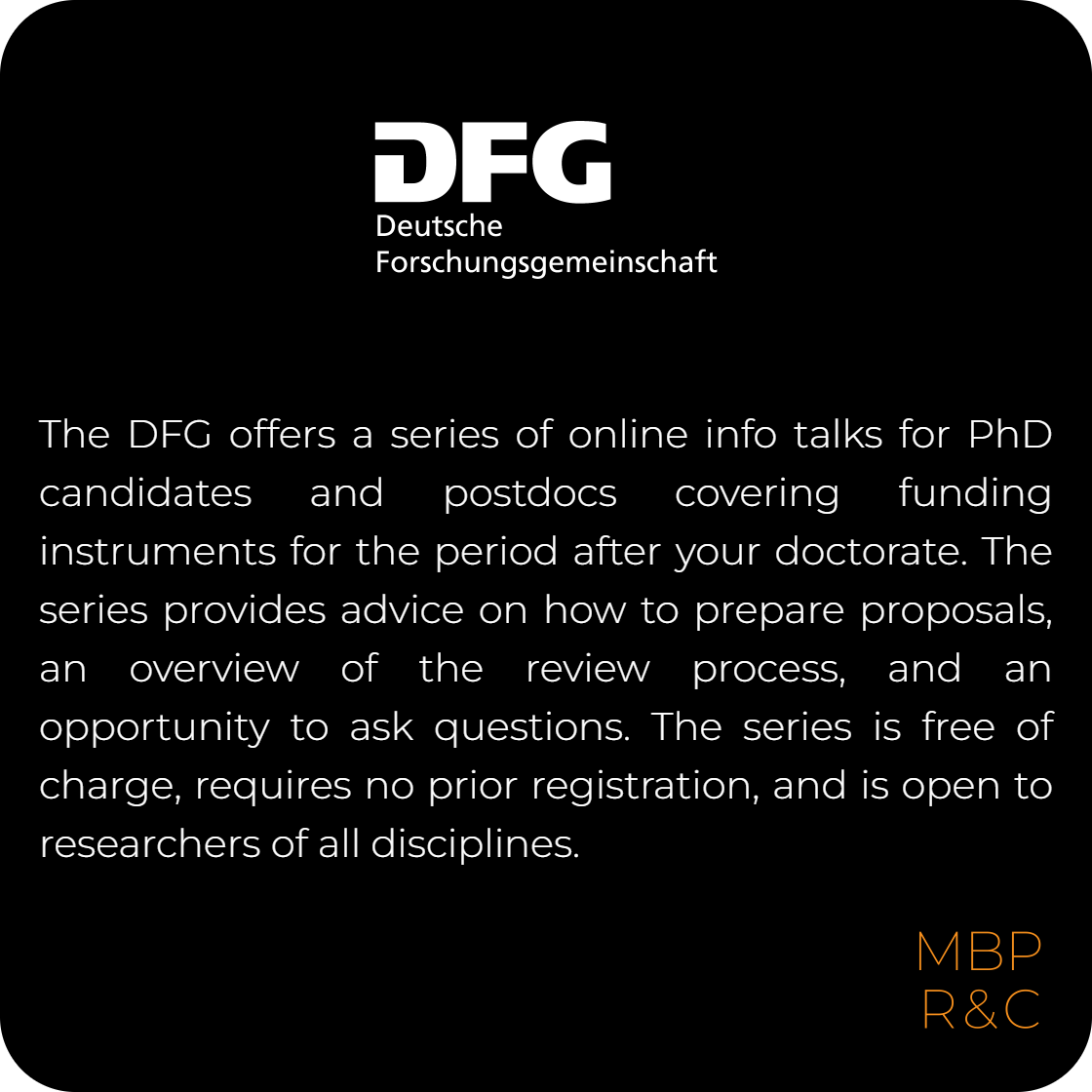 MBPRnC's tweet image. 📢PhD candidates &amp;amp; postdocs—the #DFG offers online info talks about funding instruments, proposal tips &amp;amp; Q&amp;amp;A to help you with your proposals
📅11 Dec 2025⏰16:00–17:30 CET
🏷️Tag a PhD candidate or postdoc who should join 
#ResearchFunding
#Postdocs
#Webinar
@ImMatthewP