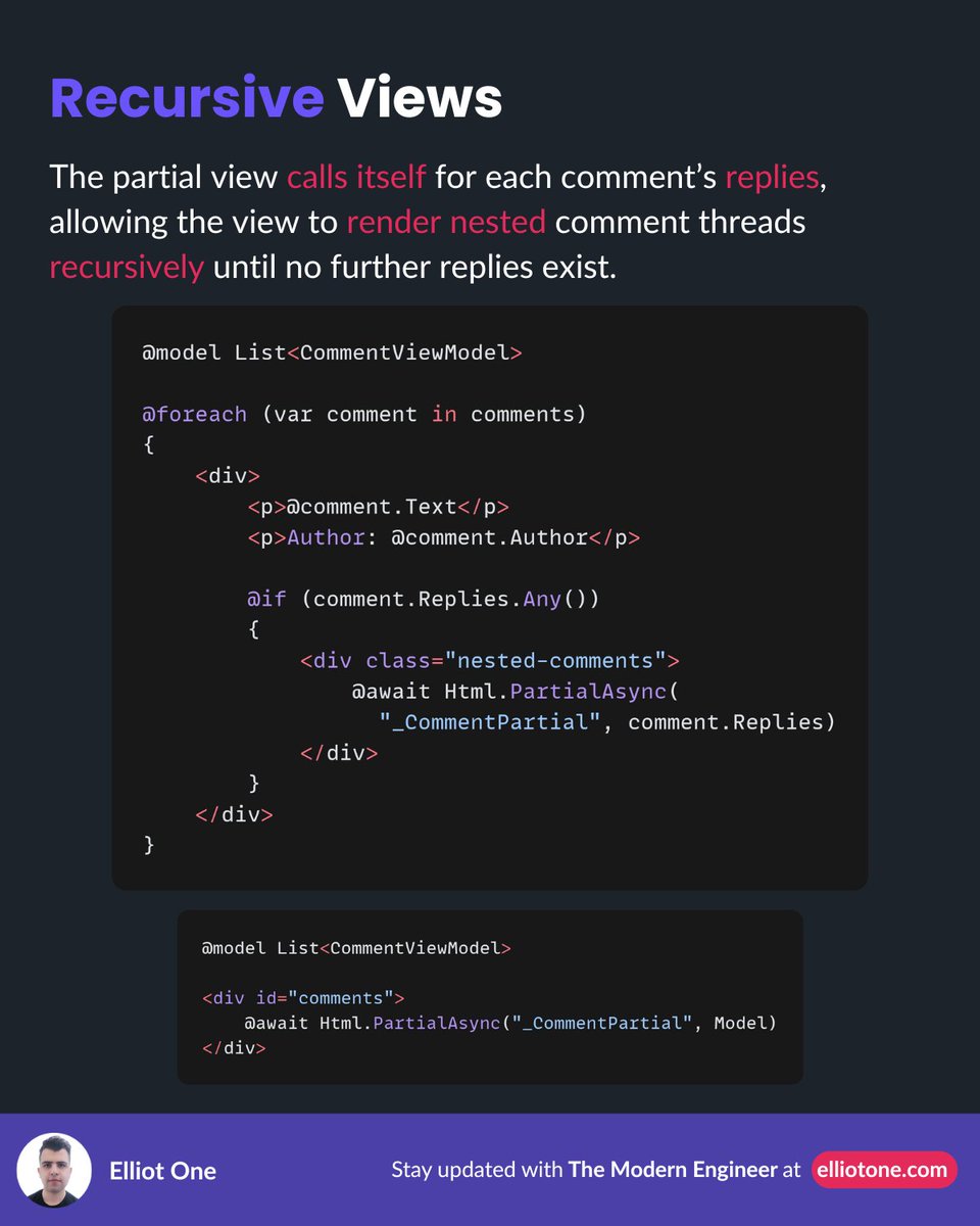 elliot1one's tweet image. Rendering nested comments or menus?!

Use recursion with partial views/components! 

Render hierarchical data dynamically, reduce duplicate markup, and keep your UI scalable. 

✅ Stop recursion when there’s no more data.

#dotnet #webdevelopment #programming #coding