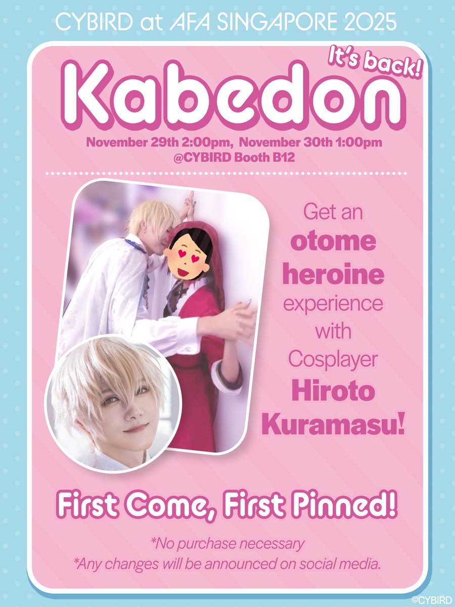 #AFASG25 starts today🎉

Ready to enjoy it with us?👑
For <a href="/hiroto_cos/">倉増ひろと(Hiroto Kuramasu)</a> Meet &amp; Greet, buy 1 Set &amp; you can join BOTH days!❤️
Also, spend 50SGD &amp; you could win a standee!✨

📍11/28-30
CYBIRD Booth B12
Suntec Convention &amp; Exhibition Centre
Singapore

#cybird 
#otome
<a href="/animefestasia/">Anime Festival Asia (AFA)</a>