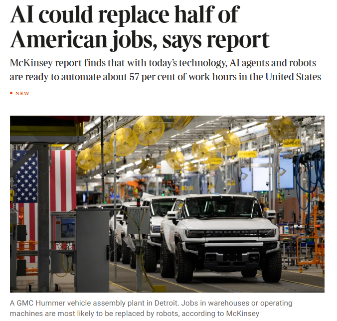 kimmonismus's tweet image. Its getting worse day by day. An increasing number of studies are reaching serious conclusions.

&quot;Most of the roles at risk — about 40 per cent — involve the kinds of drafting, processing information and routine reasoning that AI agents can do&quot;