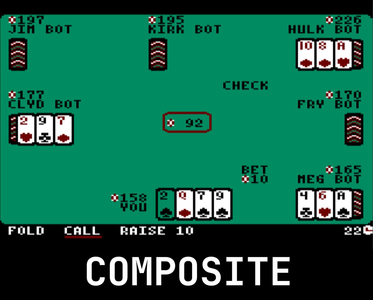 tschak's tweet image. Eric Carr has extended #FujiNet 5 Card Stud for #TRS80CoCo now uses 40 column GIME modes for improved color palette and better usage of the display.

#retrocomputing #retrogaming