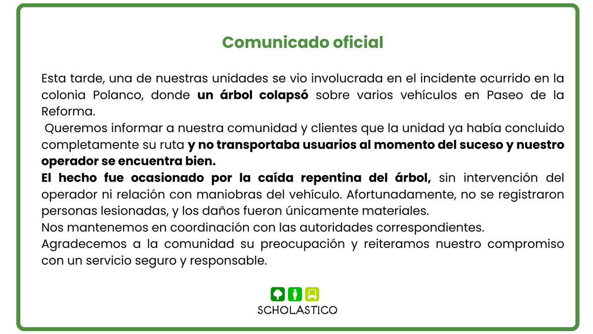 Información para nuestra comunidad

Queremos aclarar la situación respecto a la imagen que circula en medios donde aparece una de nuestras unidades afectada por la caída de un árbol en la zona de Polanco.

La unidad no llevaba usuarios a bordo, ya que había finalizado su jornada