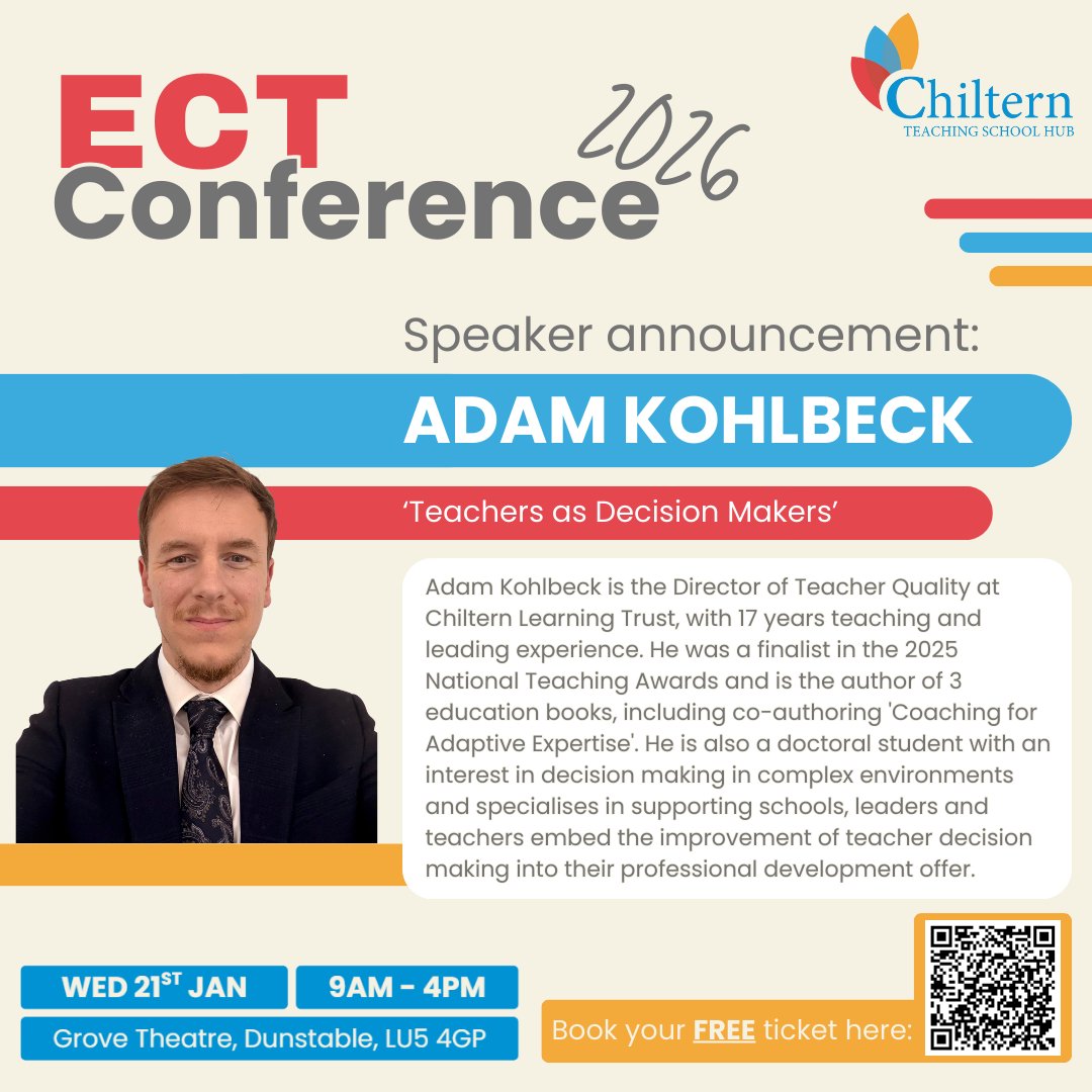 ChilternTSH's tweet image. We are delighted to have @mradamkohlbeck join us as a speaker at our ECT Conference 2026!

Who else is looking forward to it?🥳

Free tickets available via Eventbrite: eventbrite.co.uk/e/196090395952…