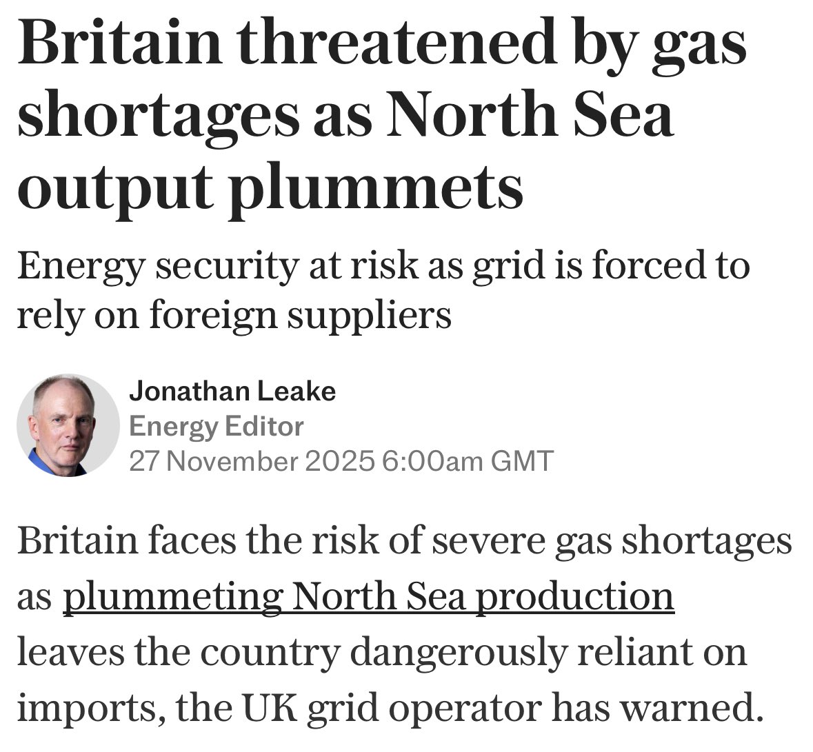 It's always handy to bury bad news on Budget day...

Yesterday the energy system operator officially warned Ed Miliband that if we get a particularly cold winter in the 2030s, we will be at serious risk of running out of gas.

Why? Because gas production in the North Sea is