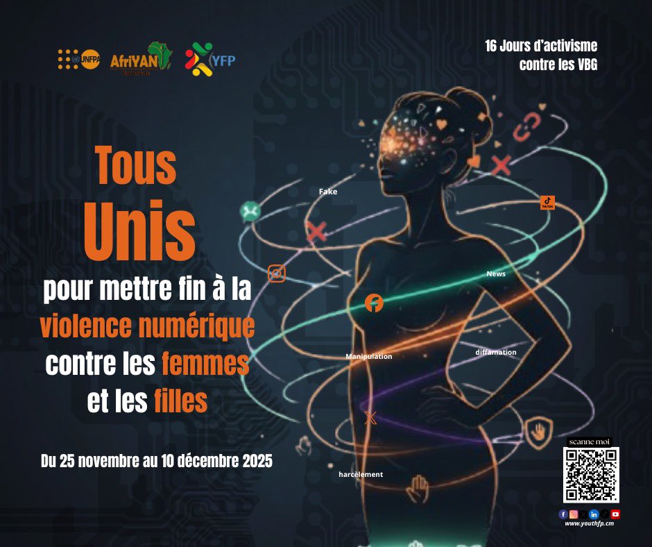 🔥 16 Jours d’Activisme : c’est lancé !
Nous disons non aux violences numériques et rappelons que chaque espace en ligne doit rester sûr et respectueux.
✨ Ensemble, faisons reculer la violence.
#16DaysOfActivism #StopGBV #ViolenceNumérique 
 #AfriYAN #UNFPA #YFP #bodyright
