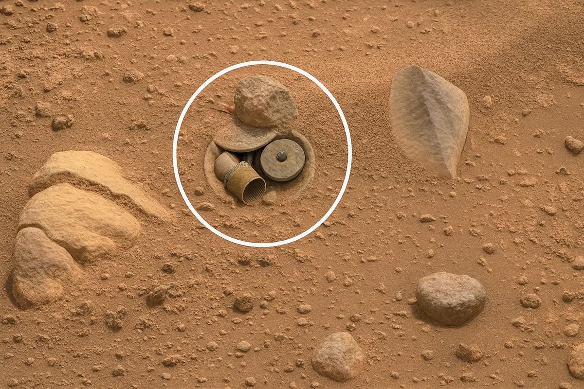 InterestingSci1's tweet image. Good Night sleep well 
This is not an ancient Martian artifact it’s actually a NASA-placed sample cache hole. The round objects inside are sample tubes and caps used by the Perseverance rover during its rock-core collection mission. These tubes store drilled Martian rock pieces…