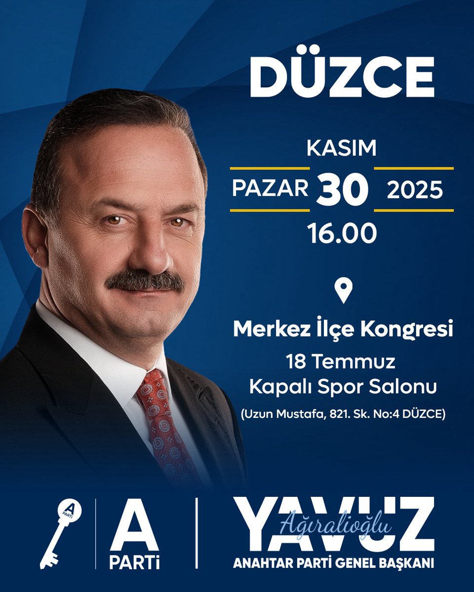 Düzce Merkez İlçe Kongremiz, Genel Başkanımız Sayın Yavuz Ağıralioğlu’nun katılımlarıyla, 30 Kasım Pazar günü gerçekleştirilecektir. Tüm halkımızı “Ev Sahibi” olarak bekliyoruz.