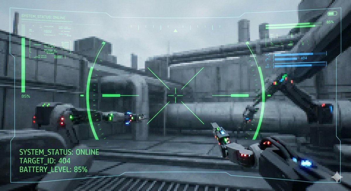 karthik_rangan's tweet image. A first person pixelated view from a robot, complete with a futuristic green HUD and industrial background