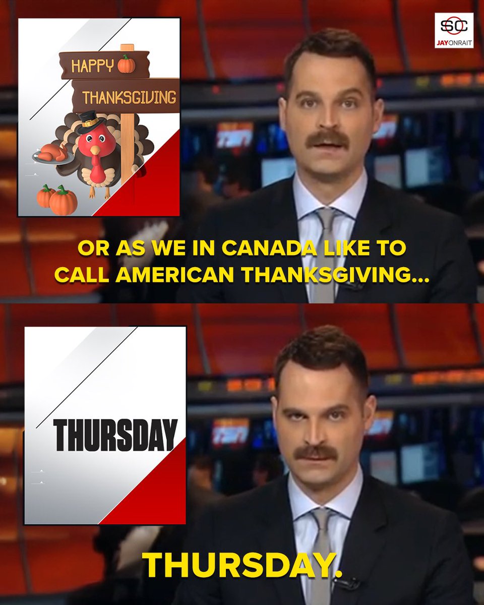 JayOnSC's tweet image. Happy American Thanksgiving! Or as we Canadians call it... 🦃😂