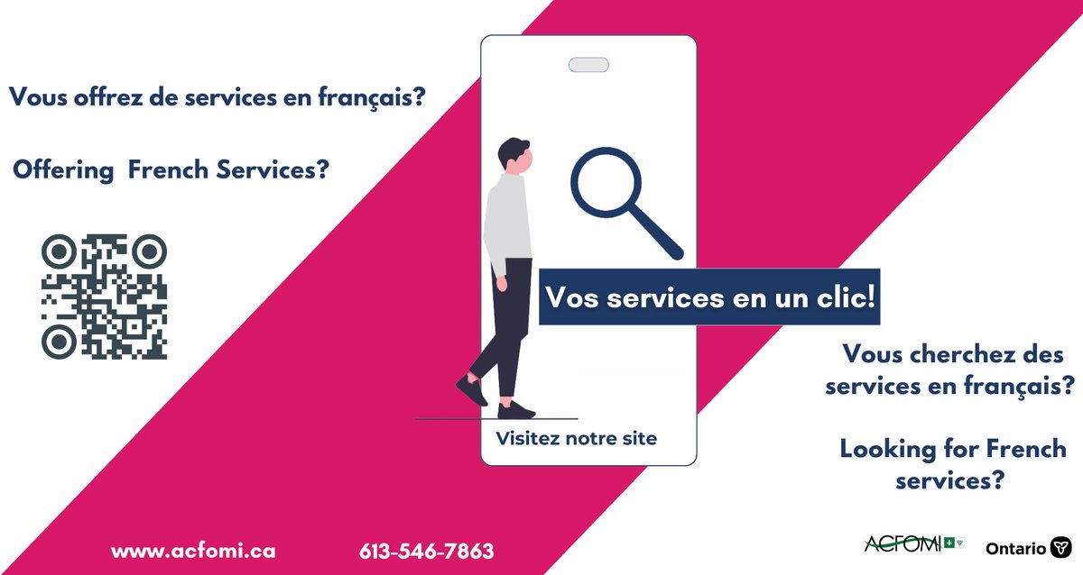 Accédez en un clic à la communauté francophone qui cherche des services en français!
Entreprises et organisations : augmentez gratuitement votre visibilité auprès d’une clientèle francophone grandissante.

Inscrivez-vous : acfomi.ca/repertoire-de-…

#répertoiredesservicesenfrançais