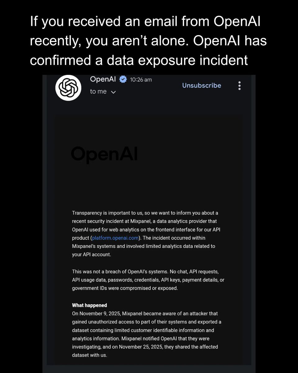 towards_AI's tweet image. OpenAI has officially confirmed a data breach, which explains the sudden wave of warning emails hitting inboxes this week. It turns out the issue didn&apos;t stem from OpenAI’s core systems directly but was actually caused by a compromise at Mixpanel, a third-party analytics vendor…