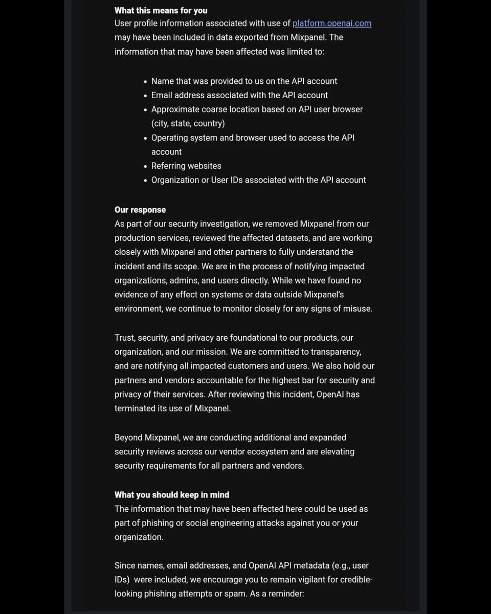towards_AI's tweet image. OpenAI has officially confirmed a data breach, which explains the sudden wave of warning emails hitting inboxes this week. It turns out the issue didn&apos;t stem from OpenAI’s core systems directly but was actually caused by a compromise at Mixpanel, a third-party analytics vendor…