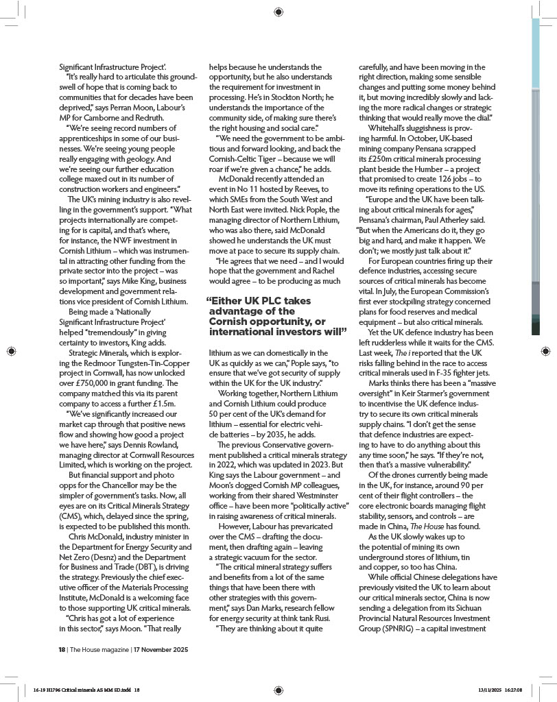 StrategicMnrls's tweet image. #SML and @CornwallRes featured in @TheHouseMag’s ‘Pedal to the Metal’ feature by @sophiealichurch. Written for its parliamentary readership, it discusses the UK’s critical minerals opportunity &amp;amp; how UK companies like #SML must take advantage or international investors will! ⬇️