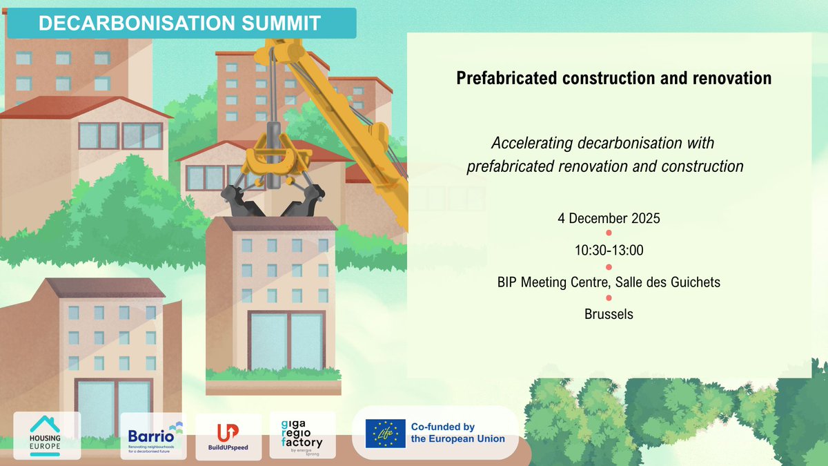 HousingEurope's tweet image. Make room for a new wave on the block🏗️
Prefab &amp;amp; industrialised #renovation can speed up deep renovation and new delivery while keeping 🏠 affordable.
Our Summit session looks at how modular, off-site&amp;amp;digital solutions can scale up climate-ready housing.
👉tinyurl.com/4c6rjueu