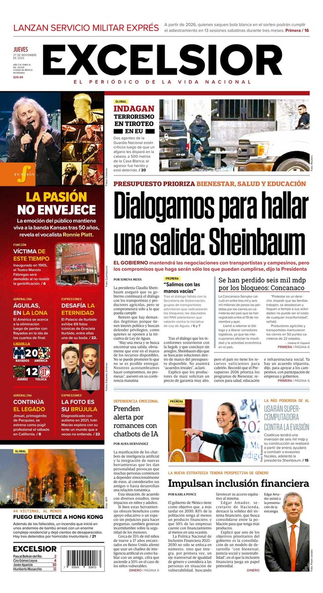ImagenRadioVer's tweet image. 📰🗞️ Inicia el día con las noticias destacadas de este 27 de noviembre en la portada de #Excélsior.

- Dialogamos para hallar una salida: Sheinbaum
- Lanzan servicio militar exprés
- Impulsan inclusión financiera

➡️ excelsior.com.mx