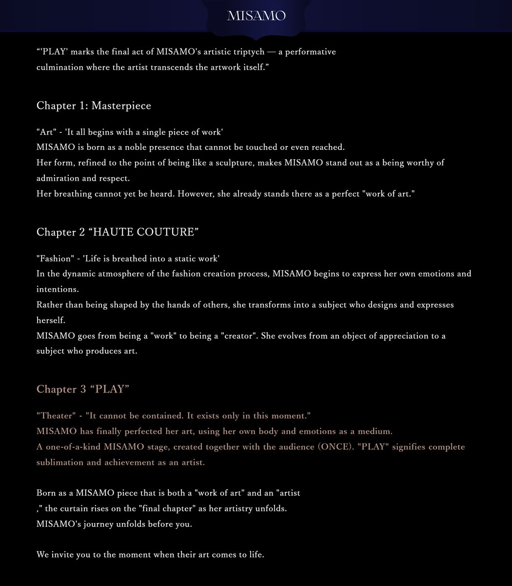 godmitzu's tweet image. MISAMO&apos;s PLAY is the final chapter of the artistic trilogy following Masterpiece and HAUTE COUTURE.

&quot;PLAY marks the final act of MISAMO’s artistic triptych — a performative culmination where the artist transcends the artwork itself.&quot;