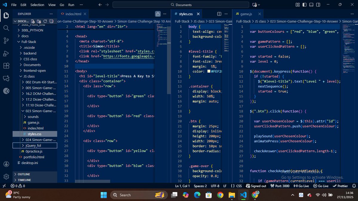abdoul_black_95's tweet image. Just built the classic Simon Game using HTML, CSS &amp;amp; JavaScript!
Learned a ton about event handling, game logic, arrays, and UI feedback.

Small project, but it pushed my DOM skills hard. 
What should I add next —  animations, difficulty levels?

#WebDev #CodingJourney #Frontend