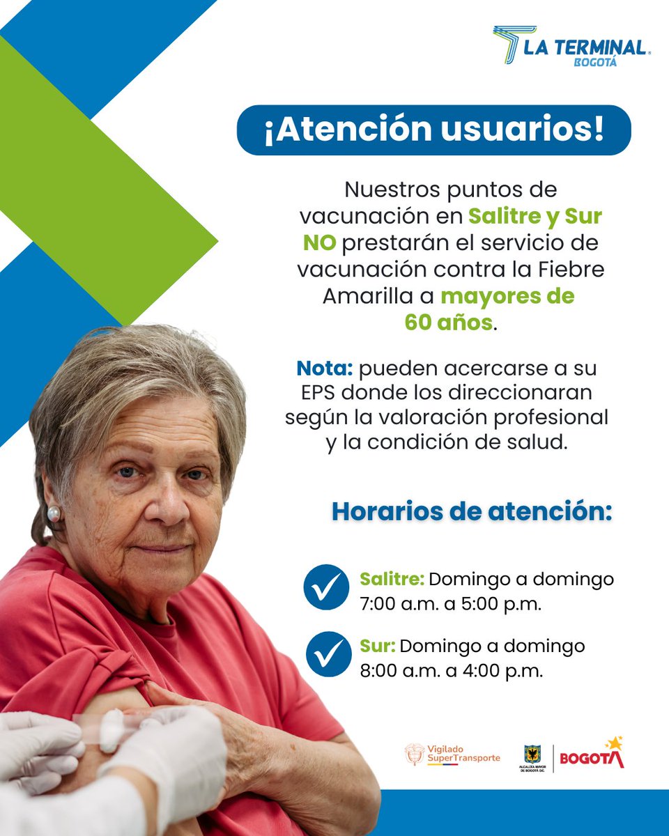 🚨¡Atención viajeros!🚨

En nuestros puntos de vacunación de Salitre y Sur NO se estará aplicando la vacuna contra la Fiebre Amarilla a personas mayores de 60 años.

👉¿Qué hacer?

Acércate a tu EPS, donde te orientarán según valoración profesional y tu estado de salud.

🧵👇🏻