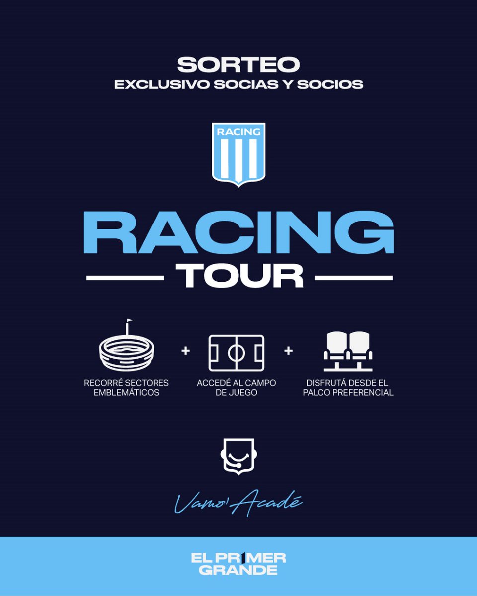 RacingSocios's tweet image. ¡Sorteo Express! ✨

Participá y ganate un cupo para disfrutar el día lunes de la Experiencia Racing Tour en el Cilindro 🏟️🩵

✅ Indicá tu nombre y últimos 3 números de tu carnet.
✅ Cuota al día
✅ Mencioná un socio/a con quién asistirías
✅ Like y RT