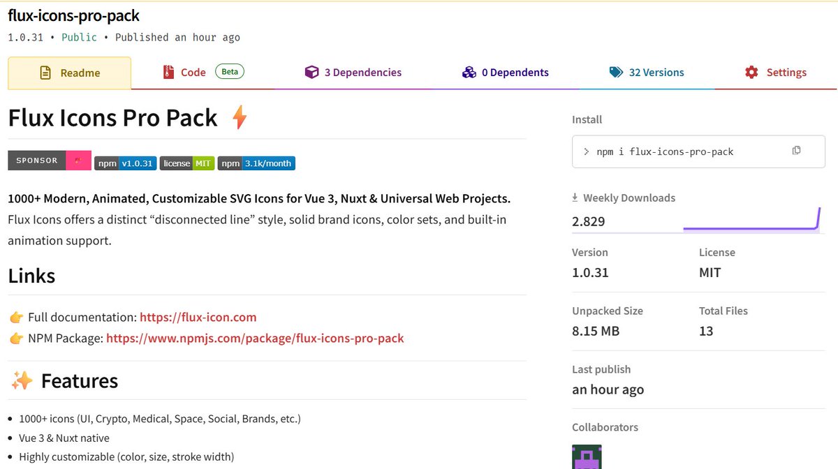 Ogzzgul's tweet image. 1 Haftada 2829+ İndirme! 🚀
Flux Icons ile çıktığımız bu yolculukta bize inanan, kullanan ve destekleyen herkese kocaman teşekkürler! 🙏 Bu daha başlangıç, birlikte çok daha iyilerini yapacağız.

Henüz denemeyenler için: 👉 flux-icon.com
@vuejs @nuxt_js #OpenSource #NPM