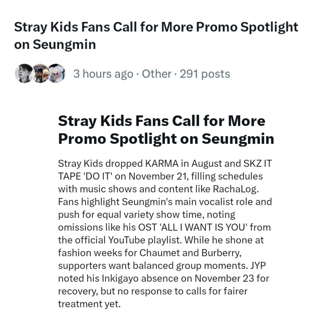 smnfeed's tweet image. ♡ [251127] #Seungmin is trending on X Topics as discussions highlight concerns over his limited promo spotlight despite recent releases and appearances.

TREAT SEUNGMIN FAIRLY
#JYPRespectSeungmin
#SEUNGMINDESERVESBETTER 
@jypnation @Stray_Kids