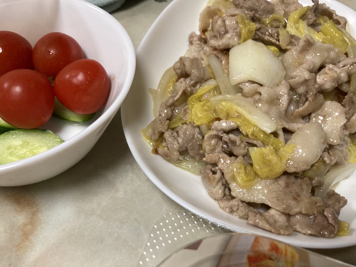 #今日のねこめし

豚肉と白菜のあんかけ炒め
いつもの生野菜

雑！！₍₍ (ง ˙ω˙)ว ⁾⁾