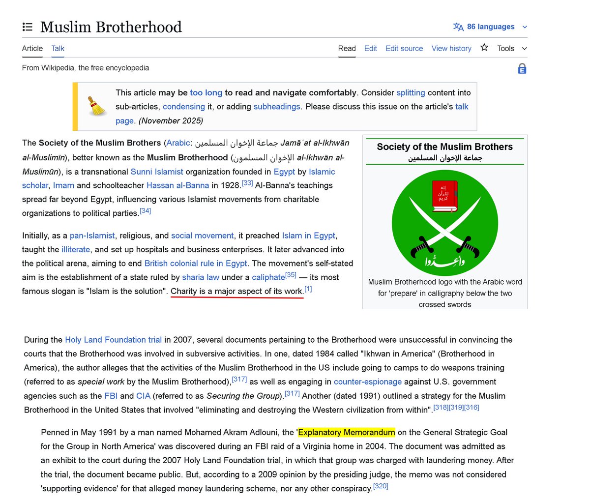 WikiBias2024's tweet image. Wikipedia editors have deleted the entry on the Muslim Brotherhood&apos;s memorandum, which states the plan to “destroy and annihilate Western civilization from within.”
A few lines have been moved to the Brotherhood article, which in effect emphasizes charity rather than terrorism.